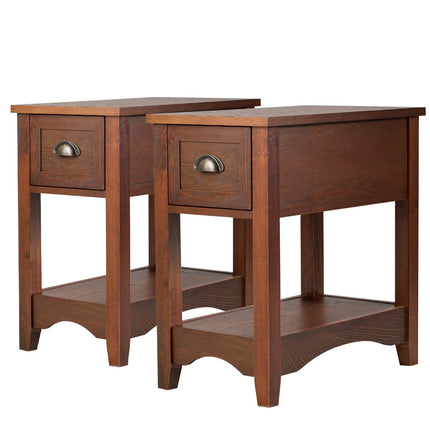 2-Tier Side Table Set with Drawer & Shelf, Red-Brown