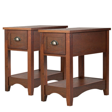 2-Tier Side Table Set with Drawer & Shelf, Red-Brown