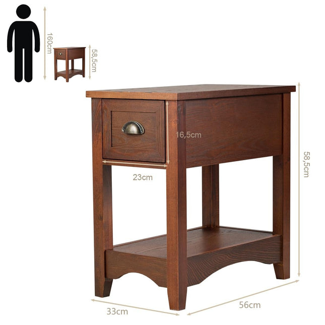 2-Tier Side Table Set with Drawer & Shelf, Red-Brown