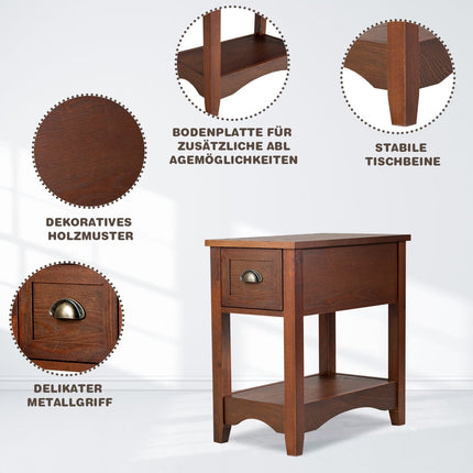 2-Tier Side Table Set with Drawer & Shelf, Red-Brown