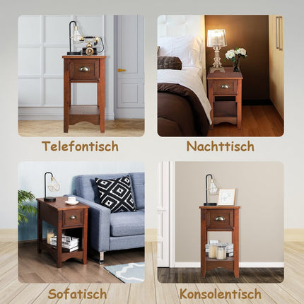2-Tier Side Table Set with Drawer & Shelf, Red-Brown