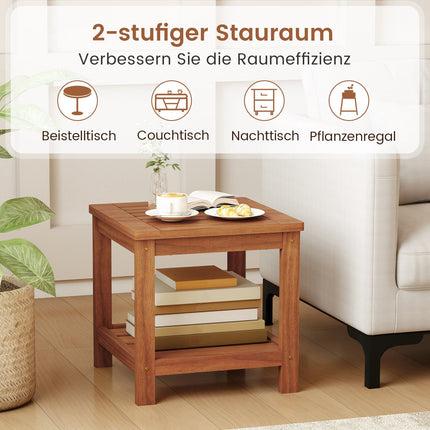 2-Tier Solid Wood Side Table with Shelf, Natural Finish