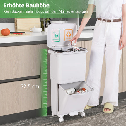 2-Tier Trash Bin with Lid & Lockable Wheels, 40L Capacity