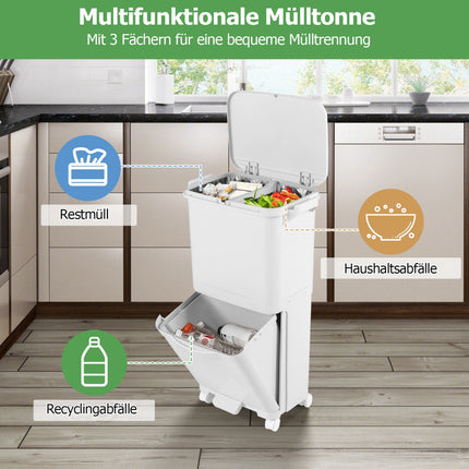 2-Tier Trash Bin with Lid & Lockable Wheels, 40L Capacity