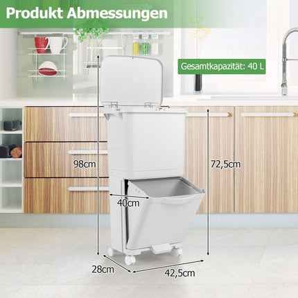 2-Tier Trash Bin with Lid & Lockable Wheels, 40L Capacity