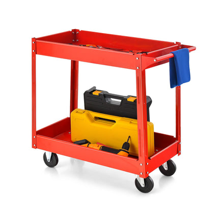 2-Tier Utility Cart With Handle, Metal Frame, Red