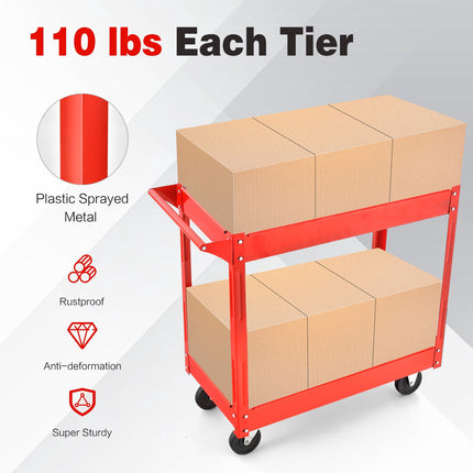 2-Tier Utility Cart With Handle, Metal Frame, Red