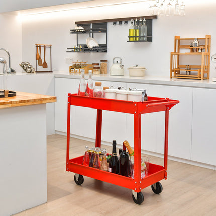 2-Tier Utility Cart With Handle, Metal Frame, Red
