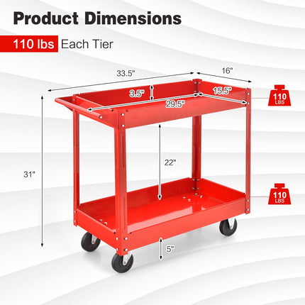 2-Tier Utility Cart With Handle, Metal Frame, Red