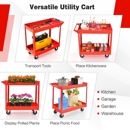 2-Tier Utility Cart With Handle, Metal Frame, Red