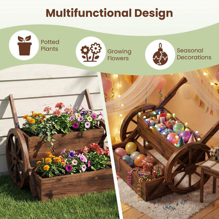 2-Tier Wagon Planter With Wheels, Fir Wood, Brown