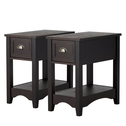 2-Tier Walnut Side Table Set with Drawer & Shelf