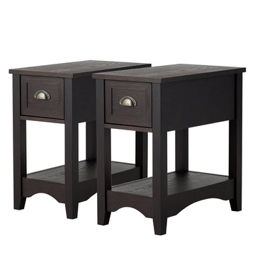 2-Tier Walnut Side Table Set with Drawer & Shelf