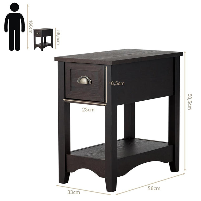 2-Tier Walnut Side Table Set with Drawer & Shelf