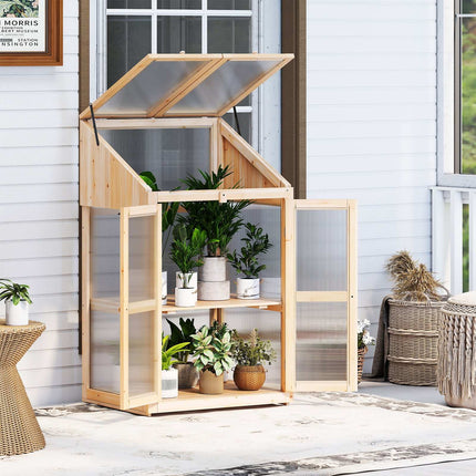 2-Tier Wooden Cold Frame Greenhouse with Doors, 69x58x121 cm