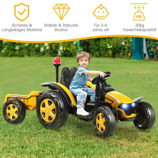 2V tractor with 2.4G remote control & removable trailer for children 3-8 years. Yellow