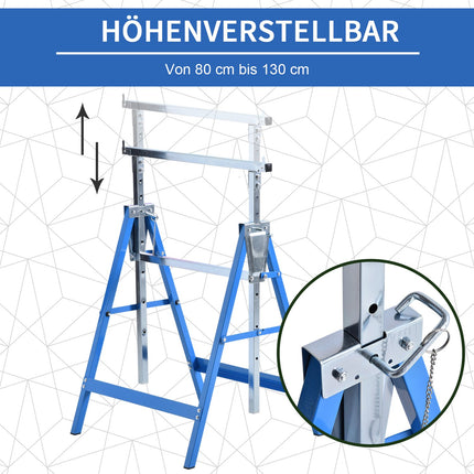 Folding steel trestle, 200 kg, adjustable height, blue
