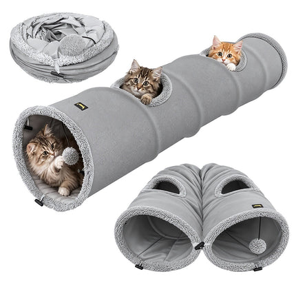 2-in-1 Cat Tunnel and Hideout 120 cm with Hanging Ball, Foldable, Grey
