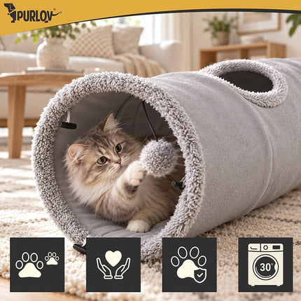 2-in-1 Cat Tunnel and Hideout 120 cm with Hanging Ball, Foldable, Grey