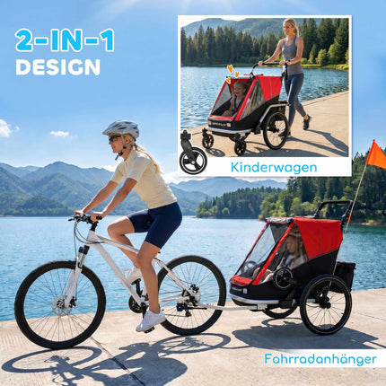 2-in-1 Child Bike Trailer Stroller, 2-Seat, Red