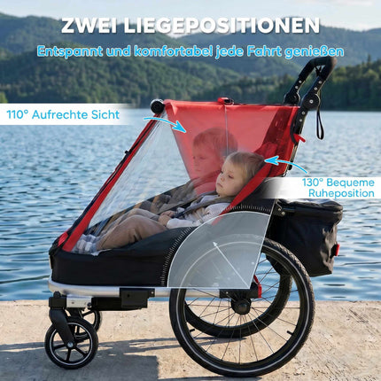 2-in-1 Child Bike Trailer Stroller, 2-Seat, Red