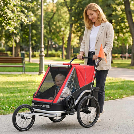2-in-1 Child Bike Trailer Stroller, 2-Seat, Red