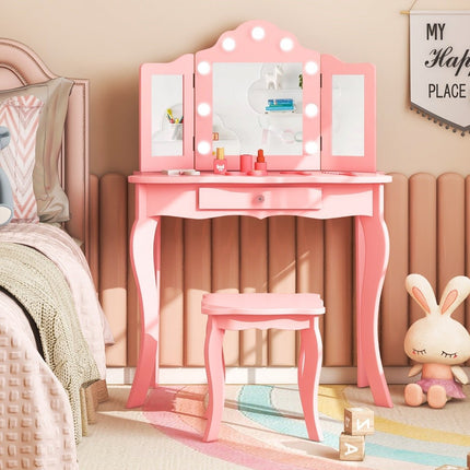 2 in 1 Children's Dressing Table with LED Lights & Folding Mirror & Drawers Pink