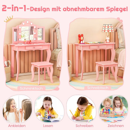 2 in 1 Children's Dressing Table with LED Lights & Folding Mirror & Drawers Pink
