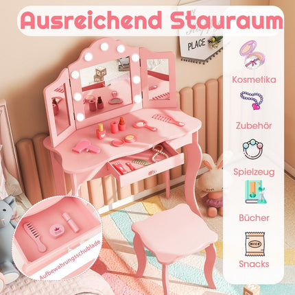 2 in 1 Children's Dressing Table with LED Lights & Folding Mirror & Drawers Pink