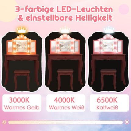 2 in 1 Children's Dressing Table with LED Lights & Folding Mirror & Drawers Pink