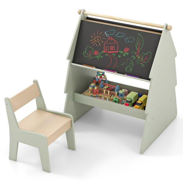 2 in 1 Children's Easel with Chair in Tree Shape Double-Sided Standing Board with Chalkboard & Whiteboard