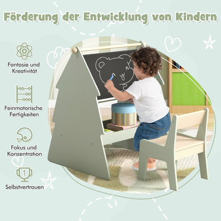 2 in 1 Children's Easel with Chair in Tree Shape Double-Sided Standing Board with Chalkboard & Whiteboard
