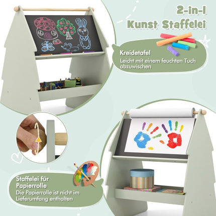 2 in 1 Children's Easel with Chair in Tree Shape Double-Sided Standing Board with Chalkboard & Whiteboard