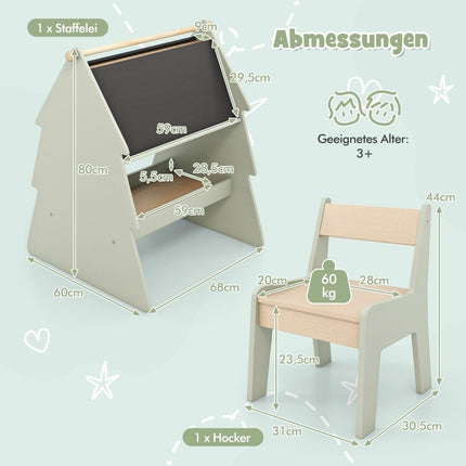 2 in 1 Children's Easel with Chair in Tree Shape Double-Sided Standing Board with Chalkboard & Whiteboard