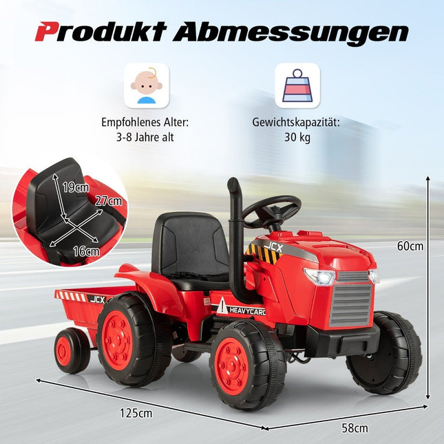 2 in 1 Children's Electric Tractor with Trailer &amp; Remote Control Electric Toy Car-Red