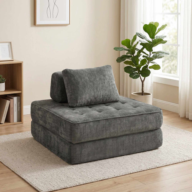 2-in-1 Convertible Chenille Floor Chair to Single Bed, Grey