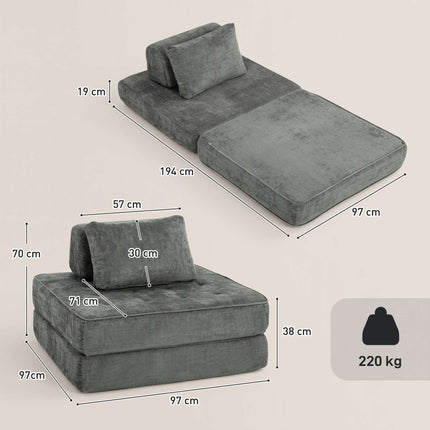 2-in-1 Convertible Chenille Floor Chair to Single Bed, Grey