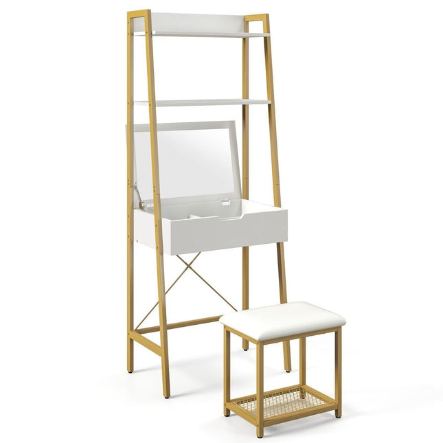 2 in 1 Dressing Table with Stool & Mirror & Double Shelves & Hidden Cabinet White Gold