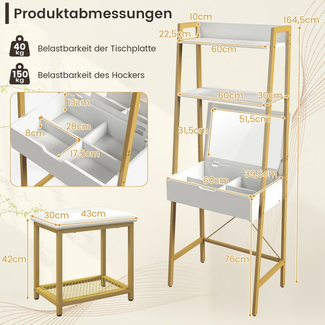 2 in 1 Dressing Table with Stool & Mirror & Double Shelves & Hidden Cabinet White Gold