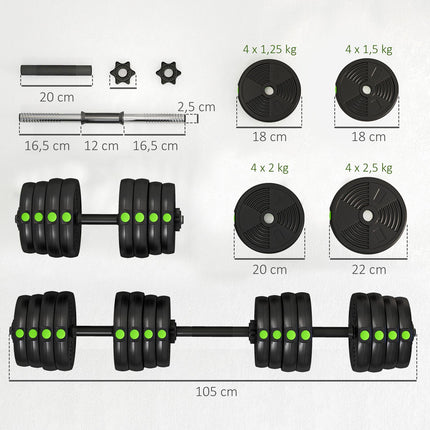 2-in-1 Dumbbell Set, Adjustable 30 kg, Non-Slip, Black/Green