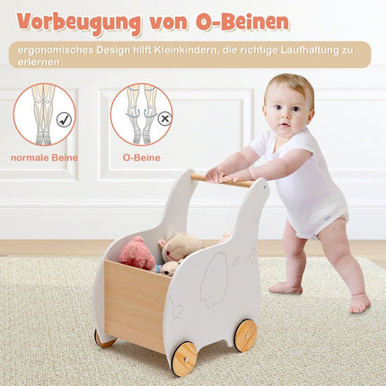 2 in 1 Elephant Shape Wooden Baby Walker with Large Toy Box White