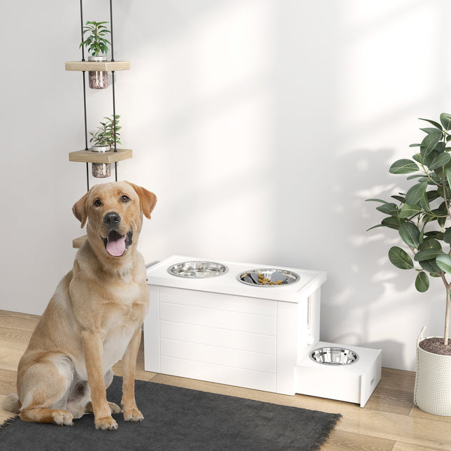 Adjustable elevated feeding station with 2 stainless steel bowls