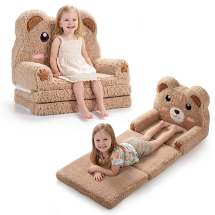 2-in-1 Foldable Kids Sofa Bed with Washable Cover, Bear Design, Brown