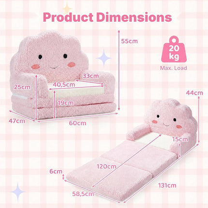 2-in-1 Foldable Kids Sofa Bed with Washable Cover, Cloud Design, Pink