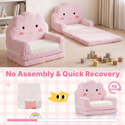 2-in-1 Foldable Kids Sofa Bed with Washable Cover, Cloud Design, Pink