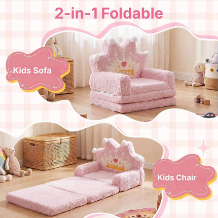2-in-1 Foldable Kids Sofa Bed with Washable Cover, Crown Design, Pink