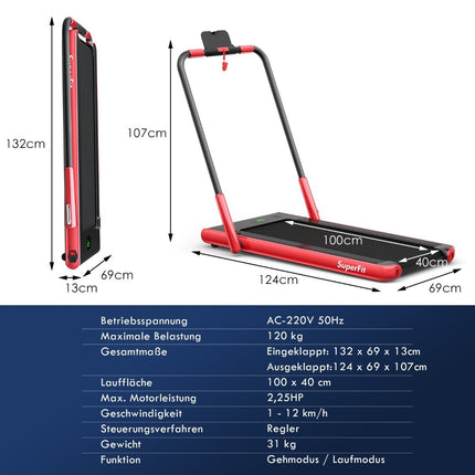 2-in-1 Foldable Treadmill with APP & Remote Control Mobile Phone Holder Compact Home Treadmill Red