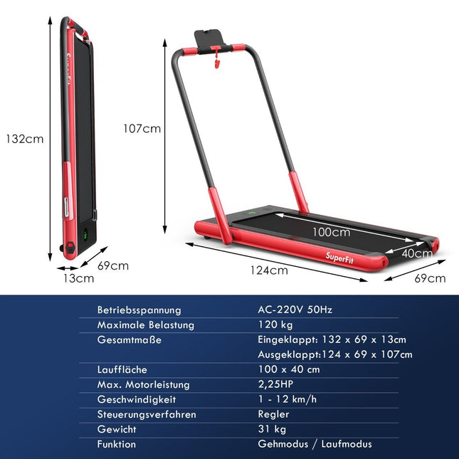 2-in-1 Foldable Treadmill with APP & Remote Control Mobile Phone Holder Compact Home Treadmill Red