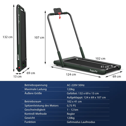 2-in-1 Foldable Treadmill with APP & Remote Control Mobile Phone Holder LED Display and Speaker Green