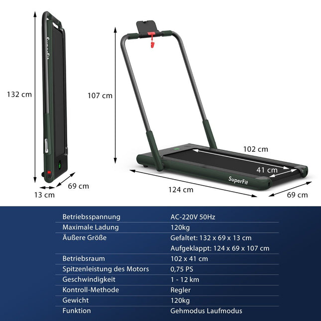 2-in-1 opvouwbare loopband met app en afstandsbediening, mobiele telefoonhouder, LED-display en luidspreker, groen